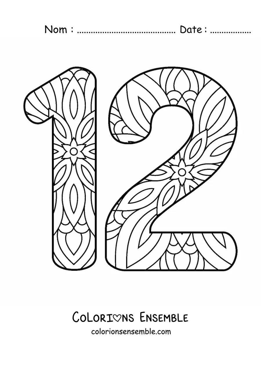 Image à colorier d'un mandala du nombre 12