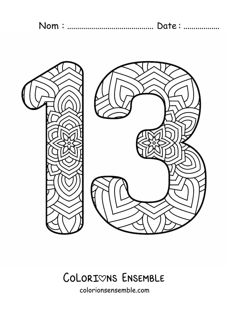 Image à colorier d'un mandala du nombre 13