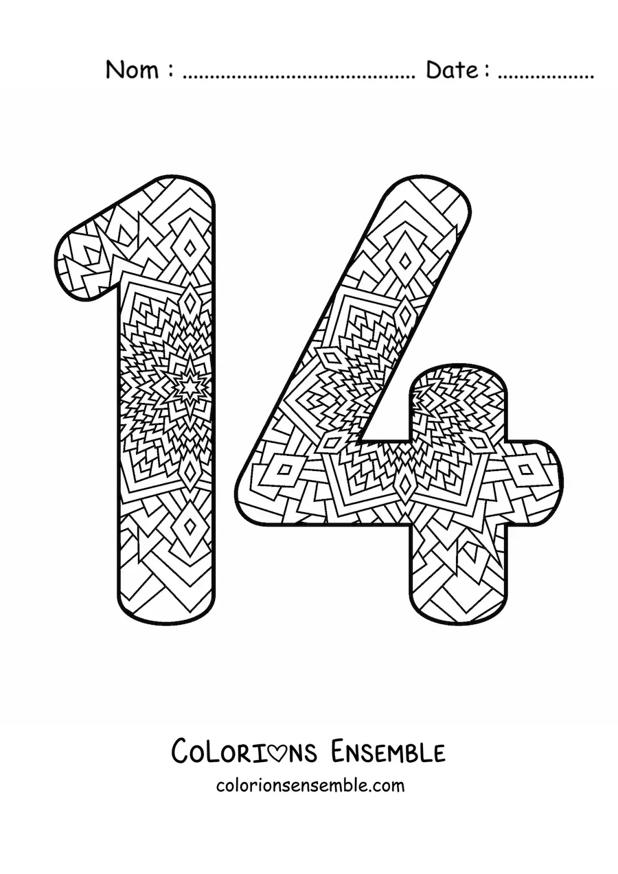 Image à colorier d'un mandala du nombre 14