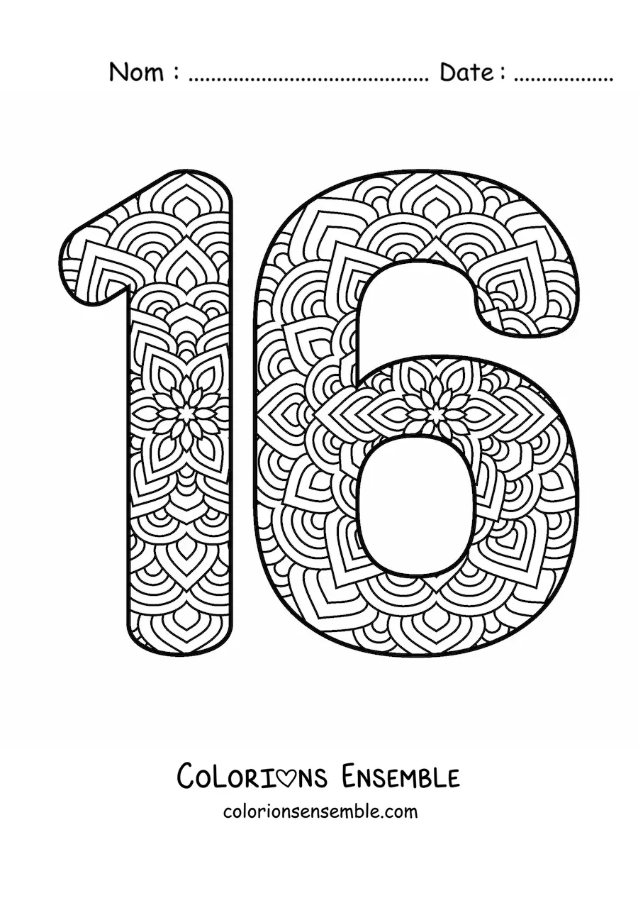 Image à colorier d'un mandala du nombre 16