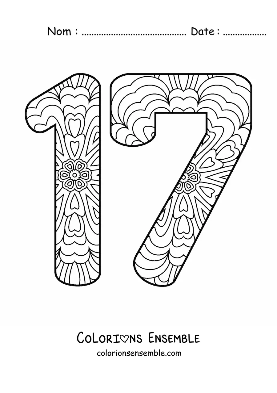 Image à colorier d'un mandala du nombre 17