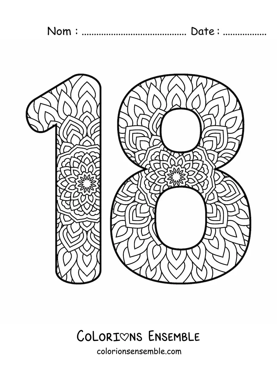 Image à colorier d'un mandala du nombre 18