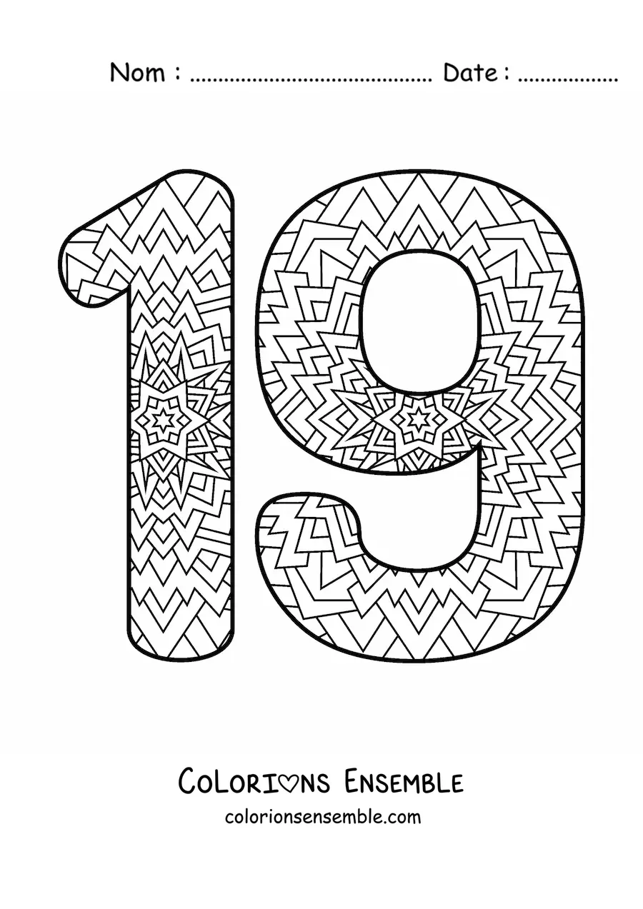 Image à colorier d'un mandala du nombre 19