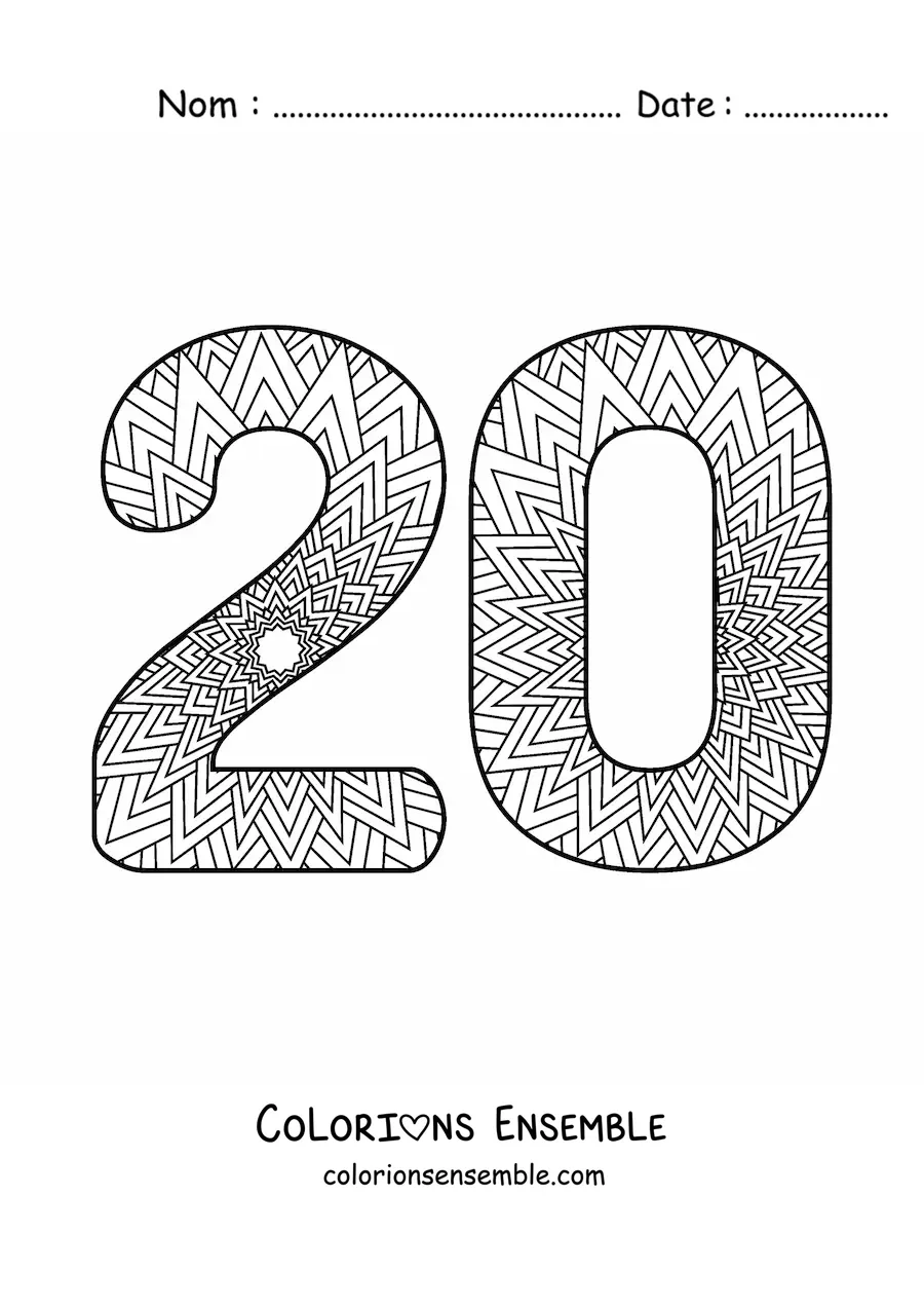 Image à colorier d'un mandala du nombre 20