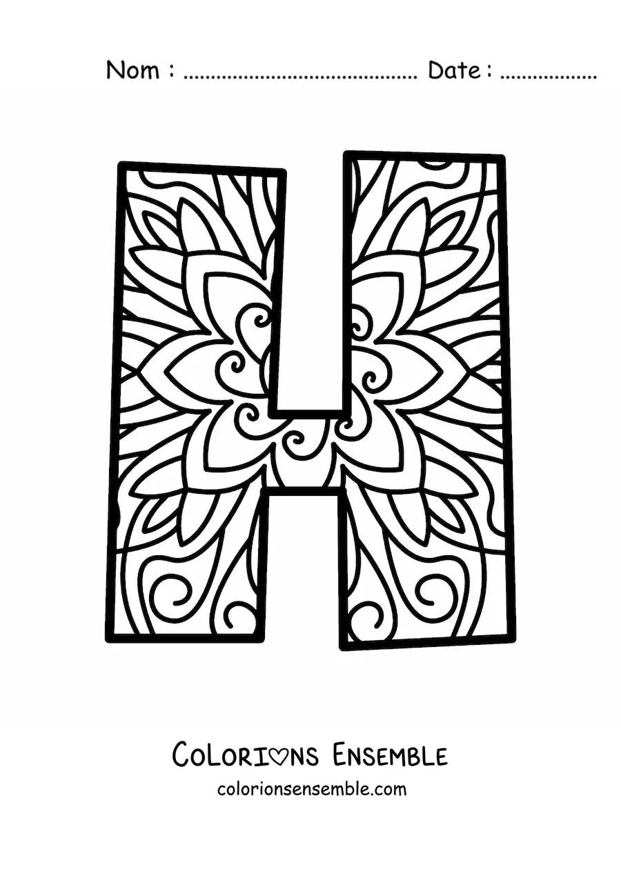 Image à colorier d'un mandala de la lettre h