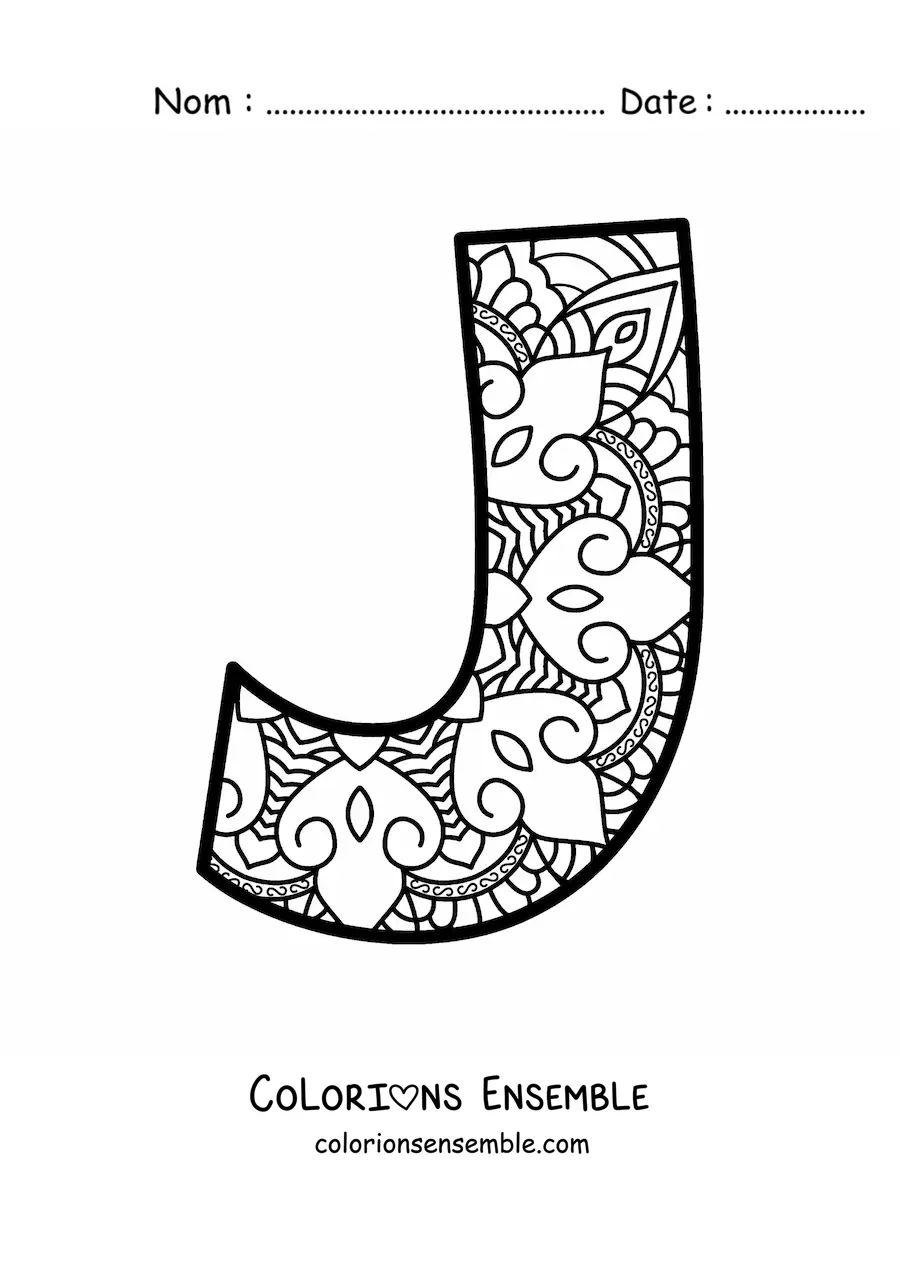 Image à colorier d'un mandala de la lettre j