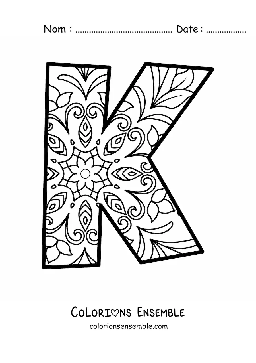 Image à colorier d'un mandala de la lettre k