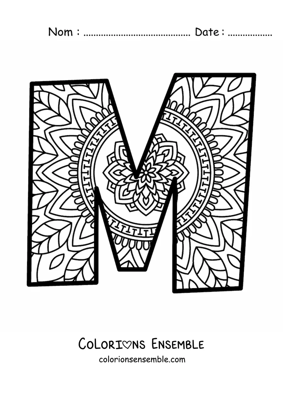 Image à colorier d'un mandala de la lettre m