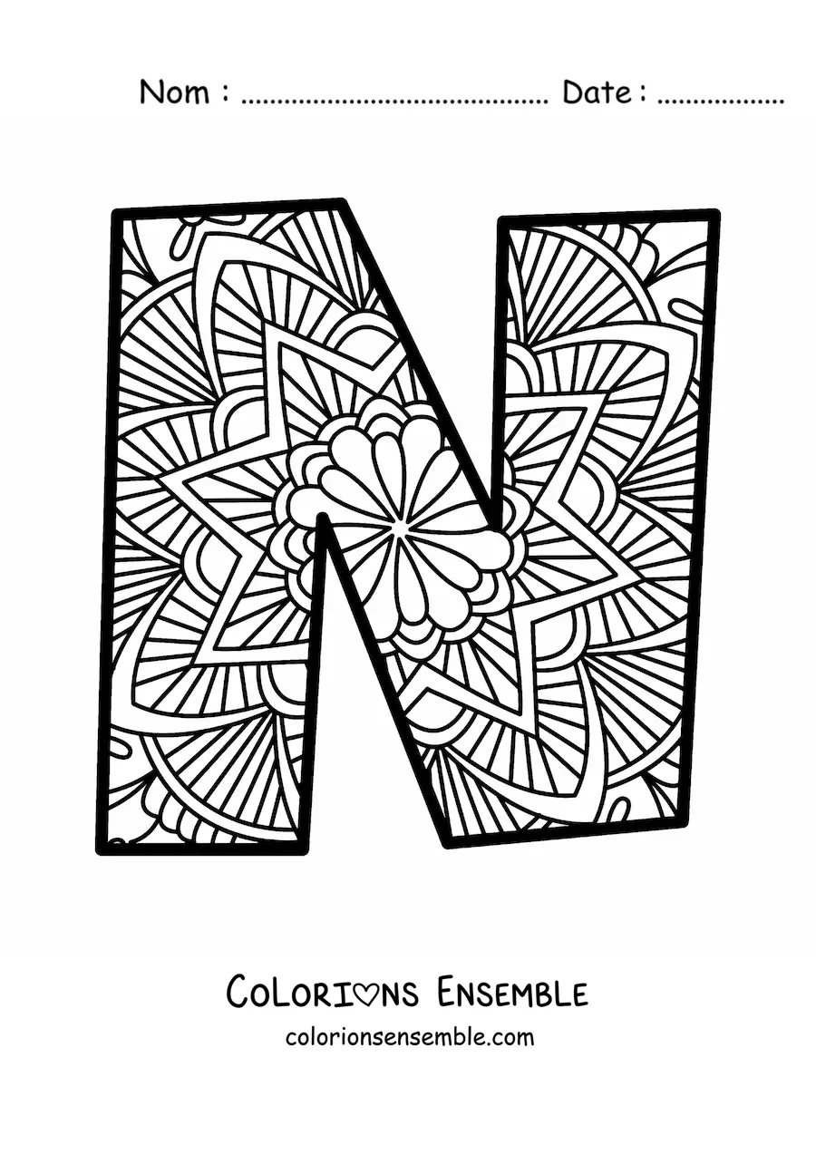 Image à colorier d'un mandala de la lettre n