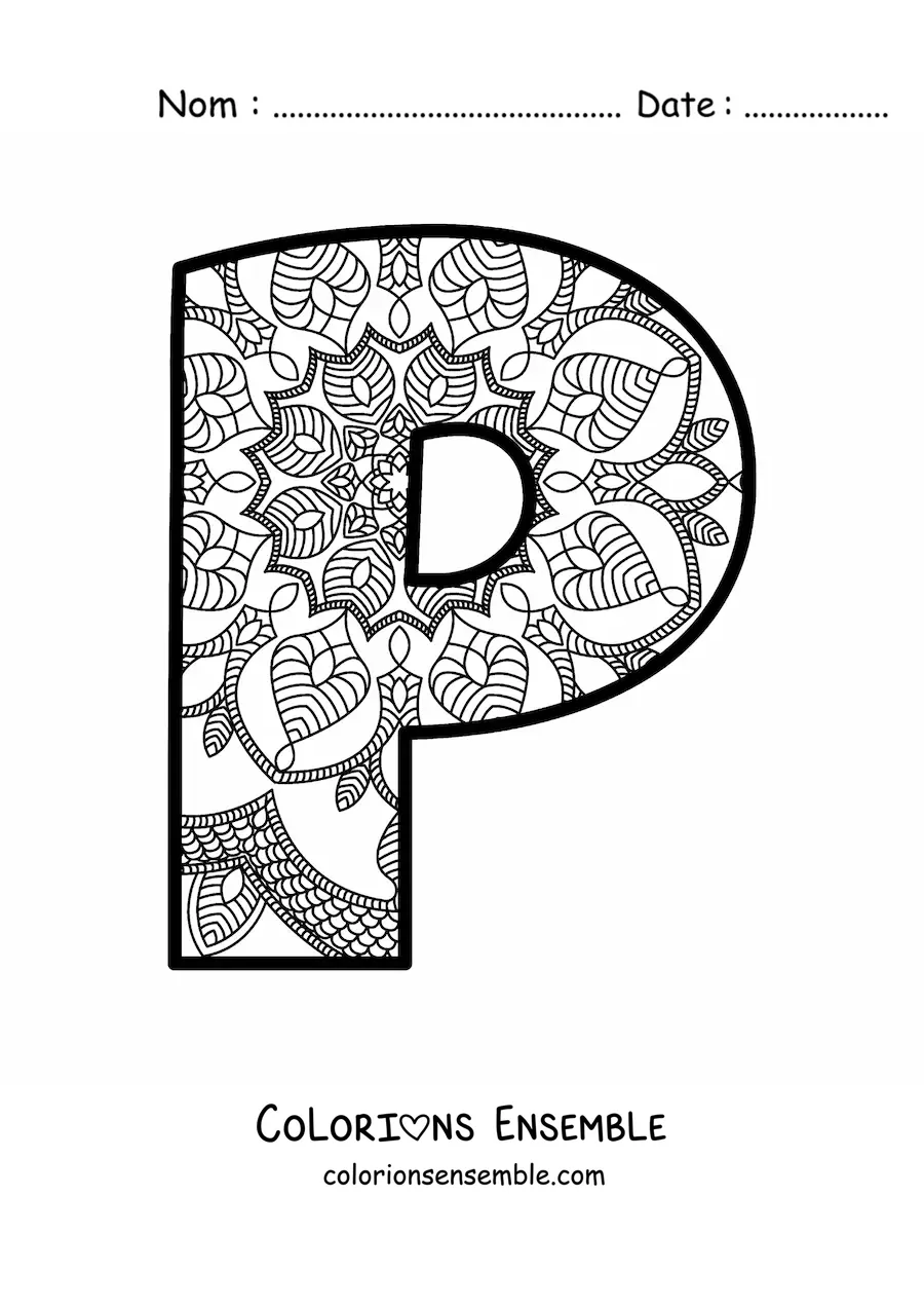 Image à colorier d'un mandala de la lettre p