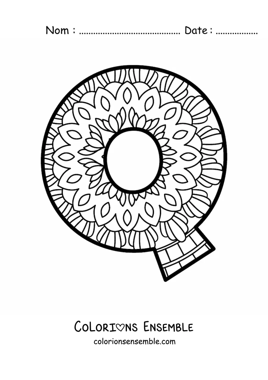 Image à colorier d'un mandala de la lettre q