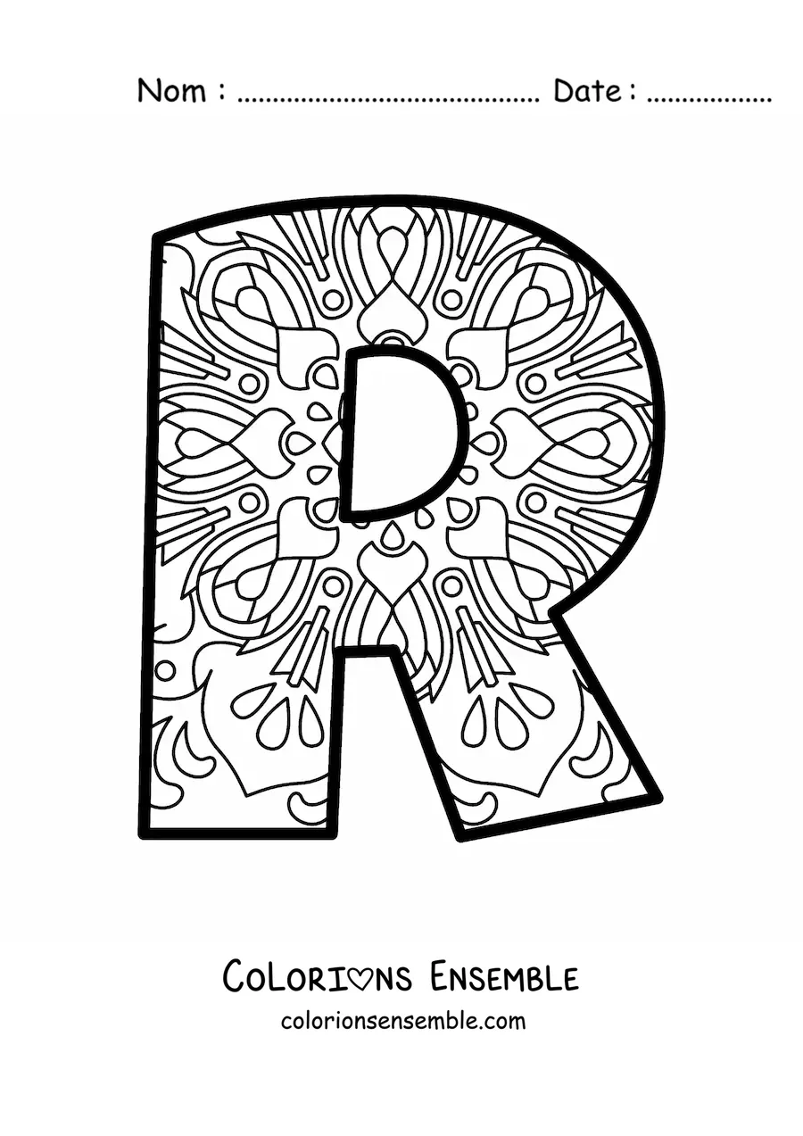 Image à colorier d'un mandala de la lettre r