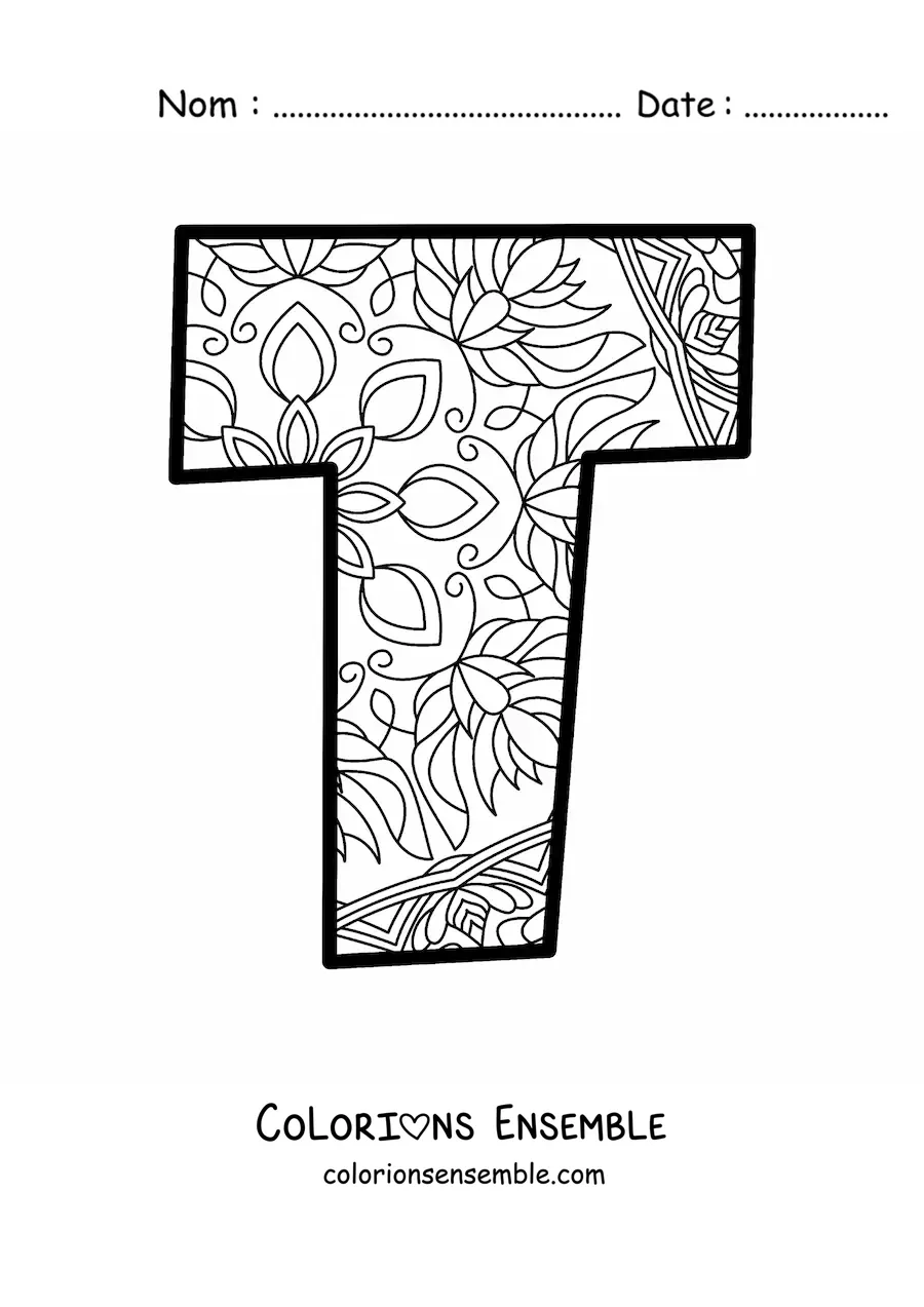 Image à colorier d'un mandala de la lettre t