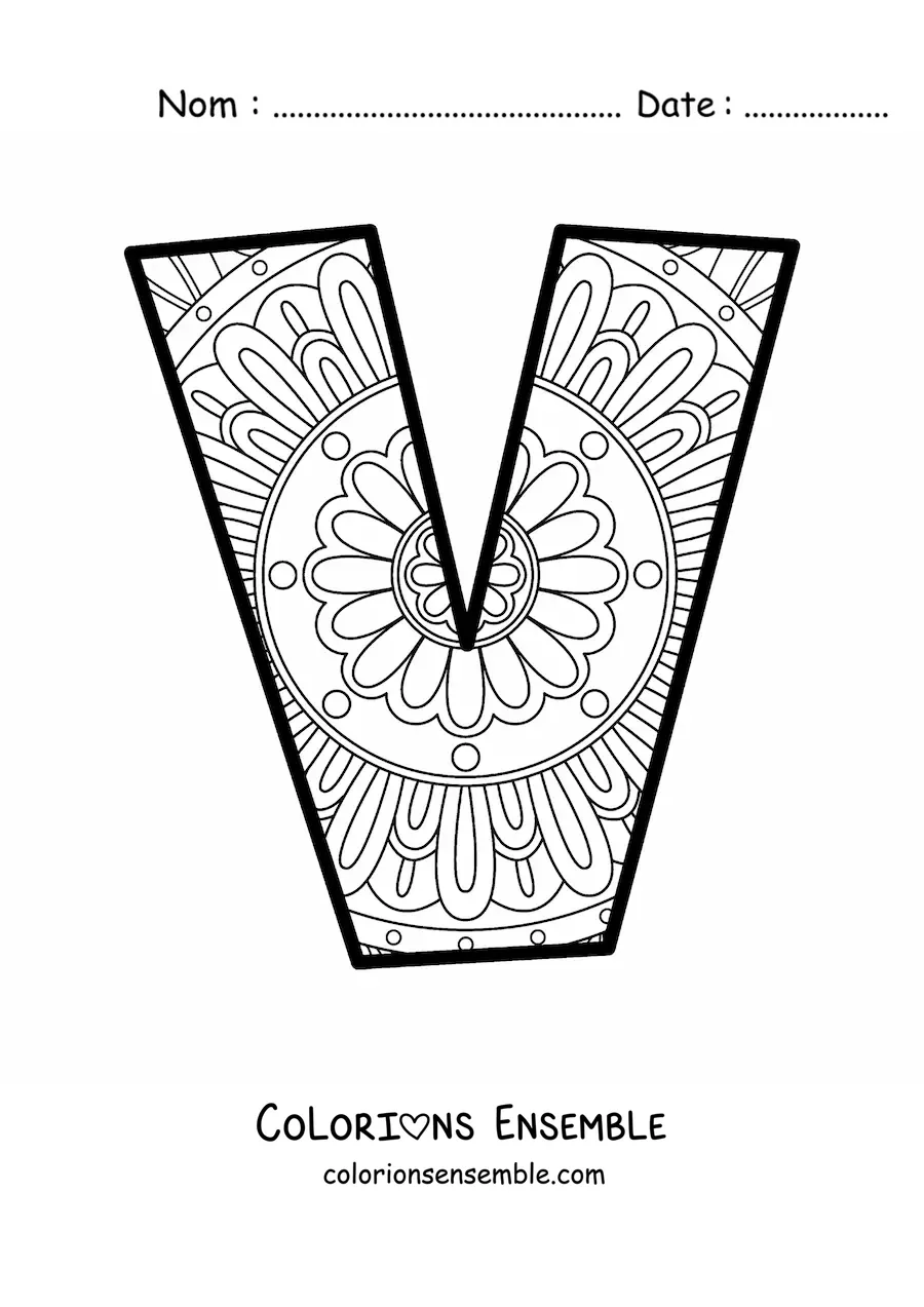 Image à colorier d'un mandala de la lettre v