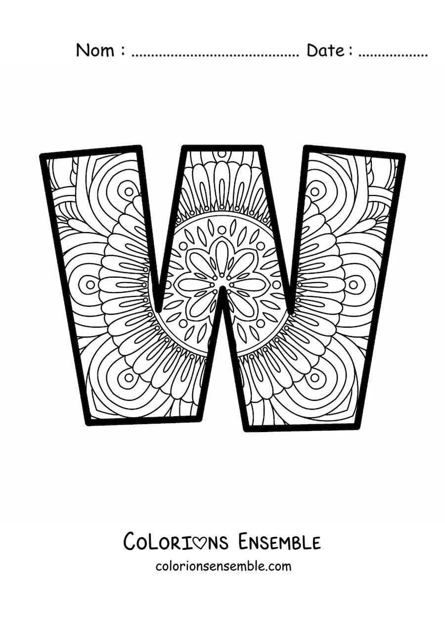 Image à colorier d'un mandala de la lettre w