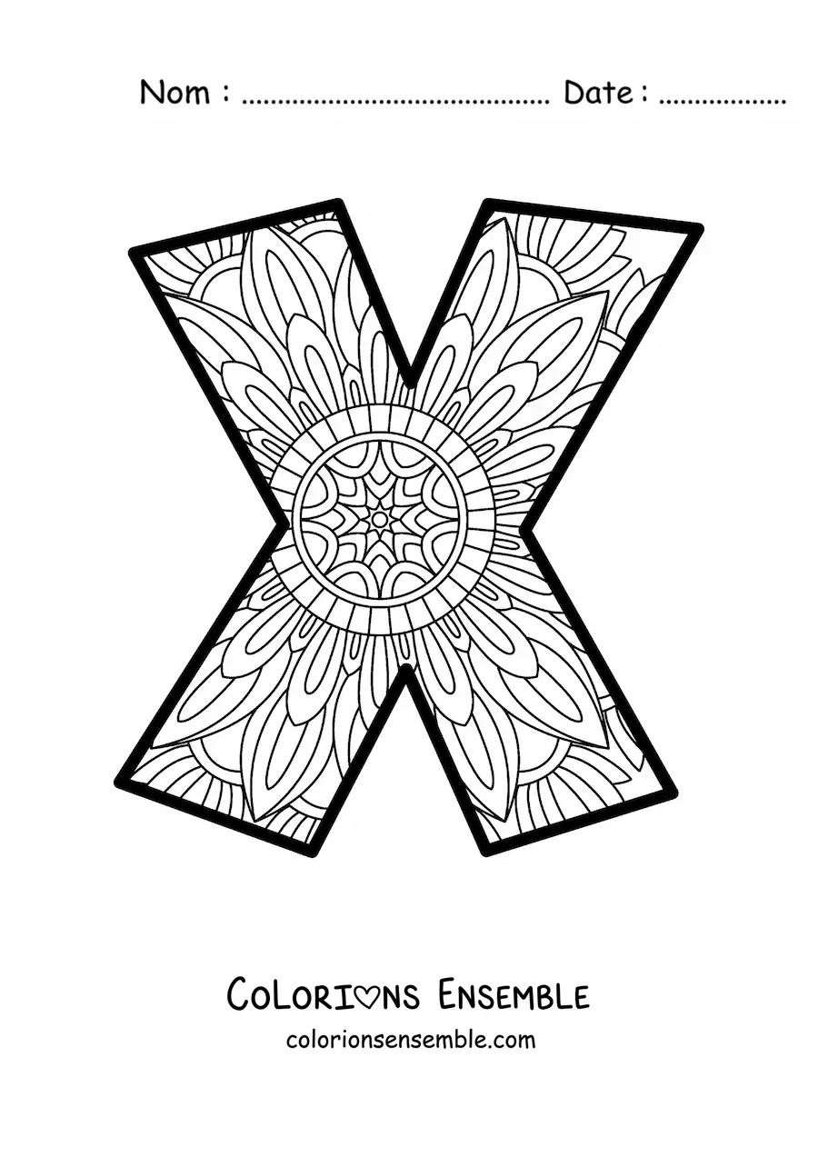 Image à colorier d'un mandala de la lettre x