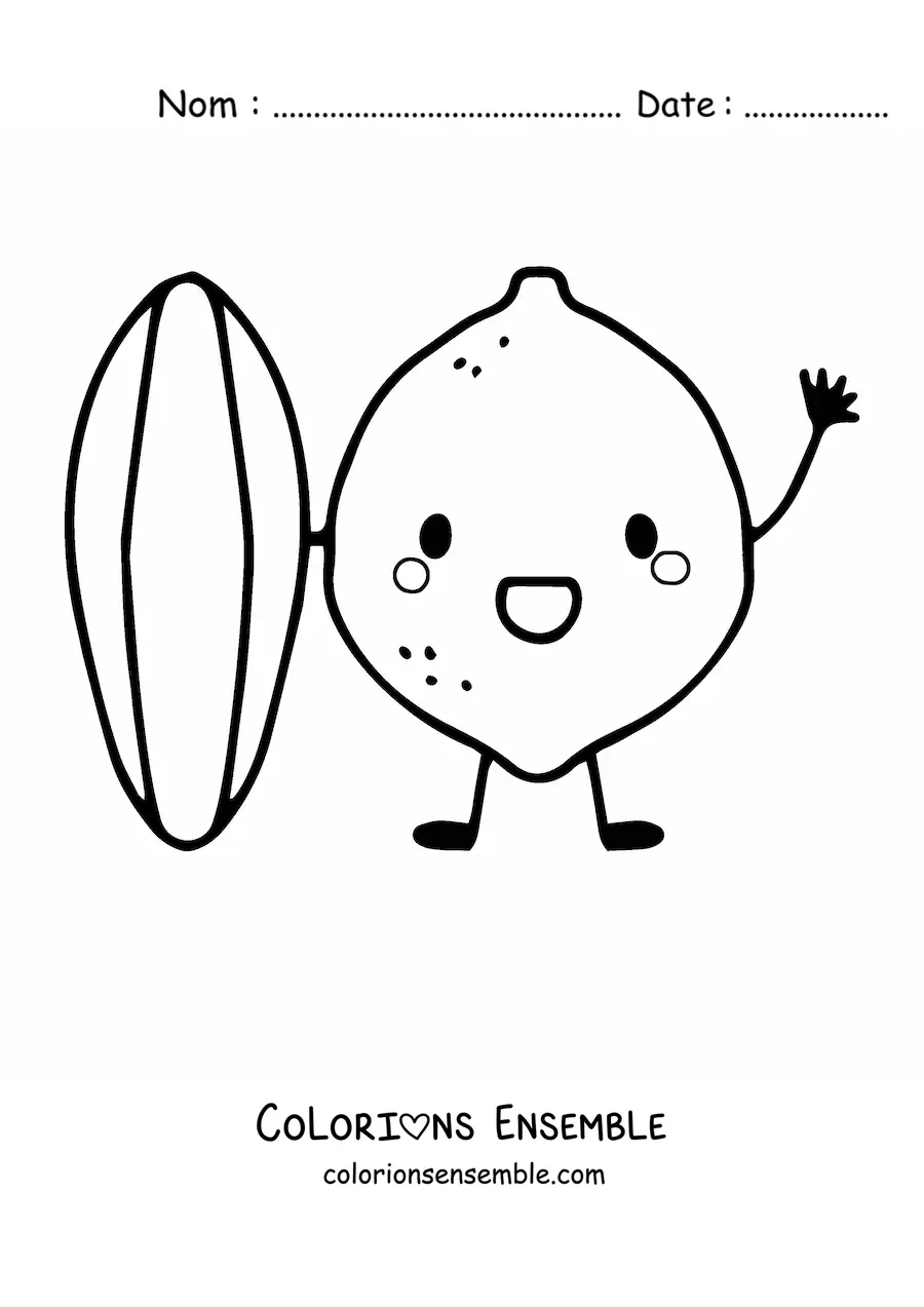 Image à colorier d’un citron rigolo qui tient une planche de surf