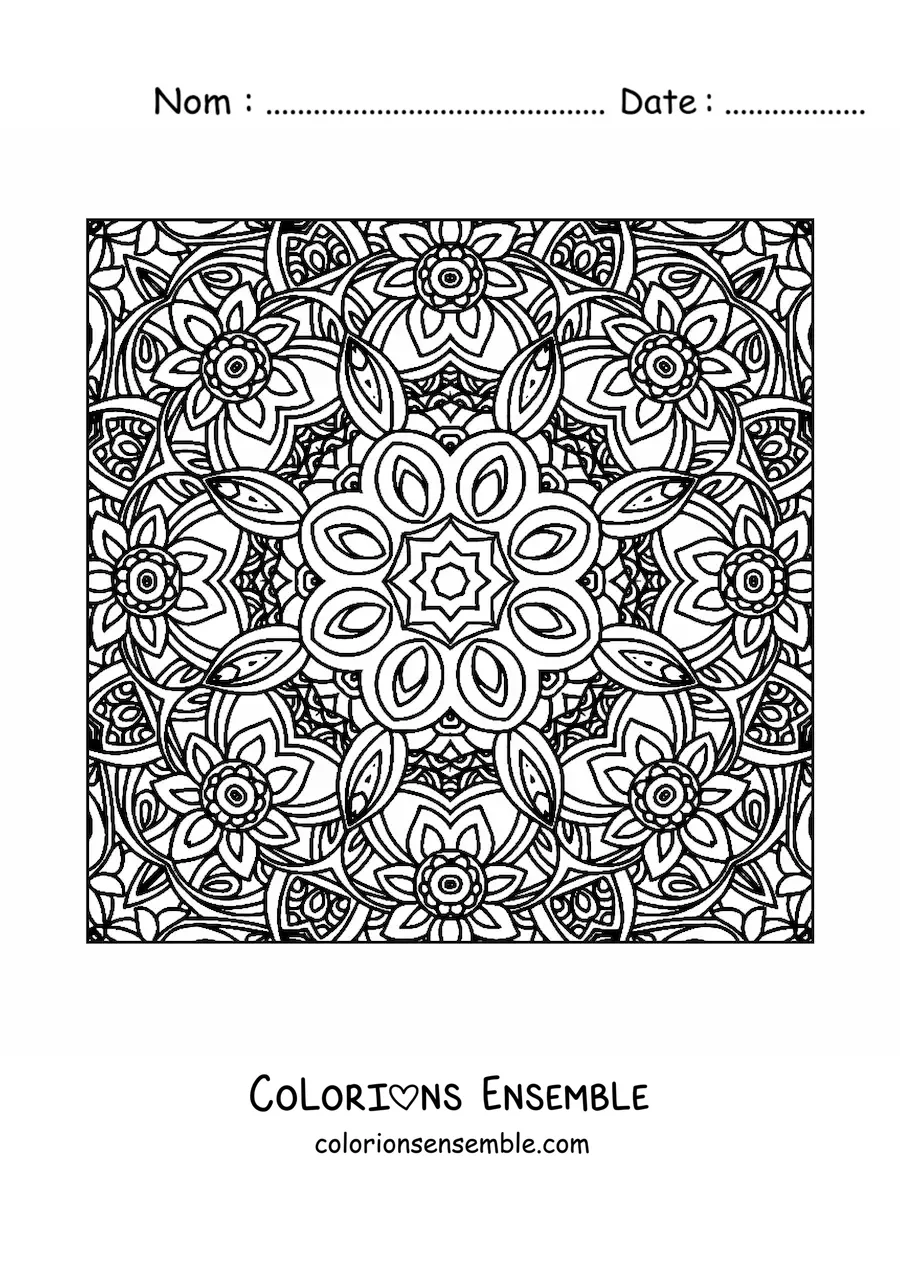 Image à colorier d'un mandala carré avec des fleurs