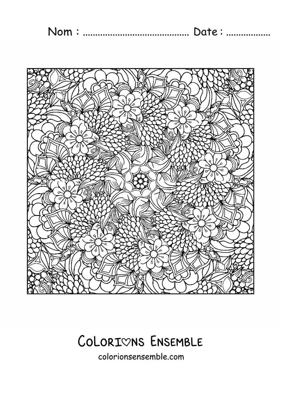 Image à colorier d'un mandala carré avec des fleurs