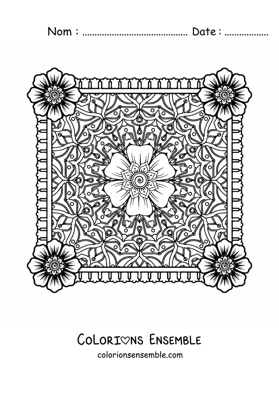 Image à colorier d'un mandala carré orné de fleurs