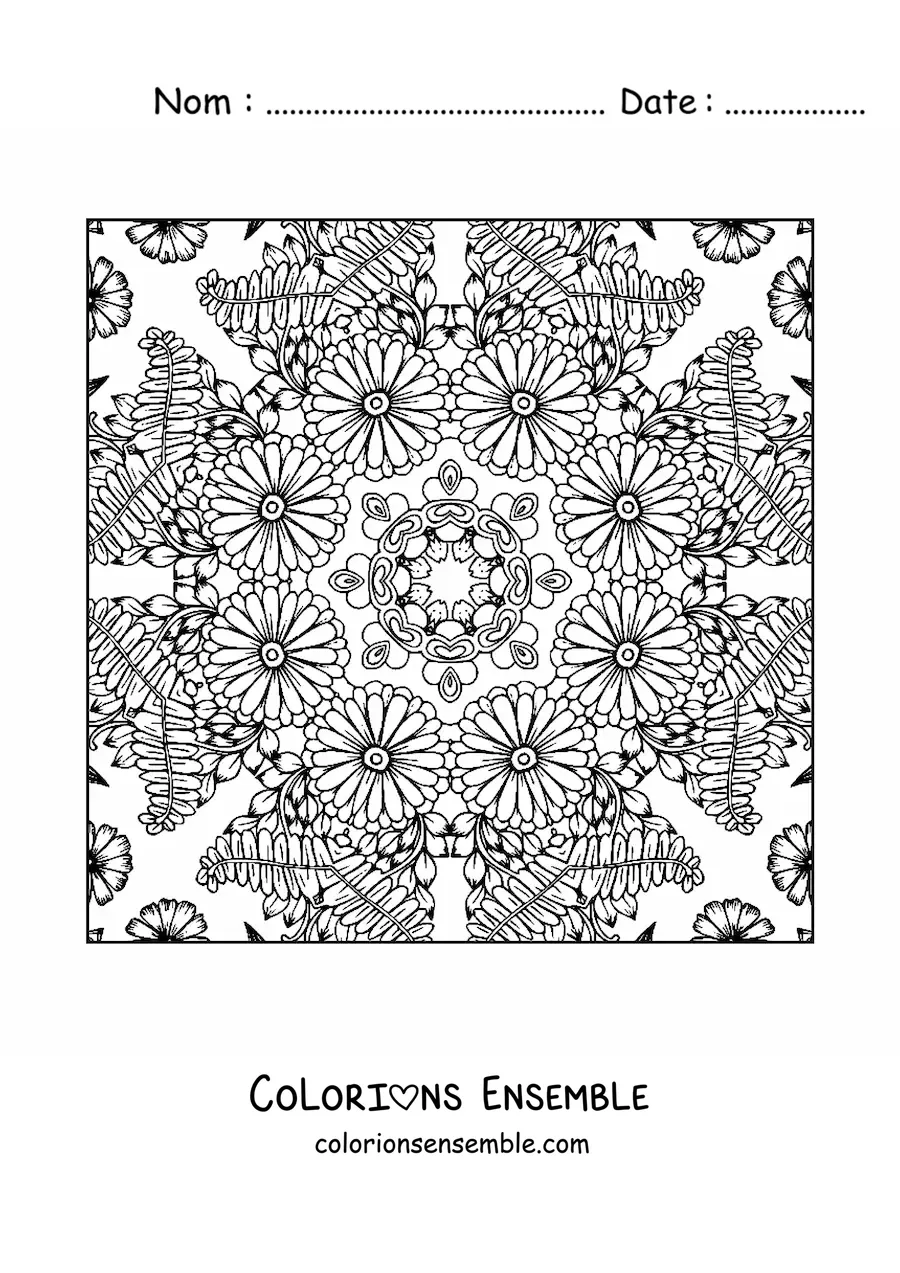 Image à colorier d'un mandala carré orné de fleurs