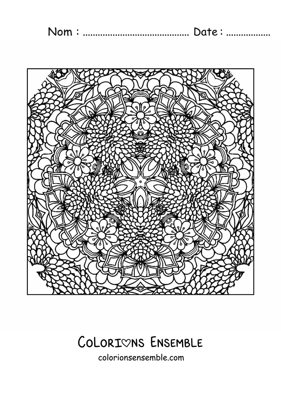 Image à colorier d'un mandala carré orné de fleurs