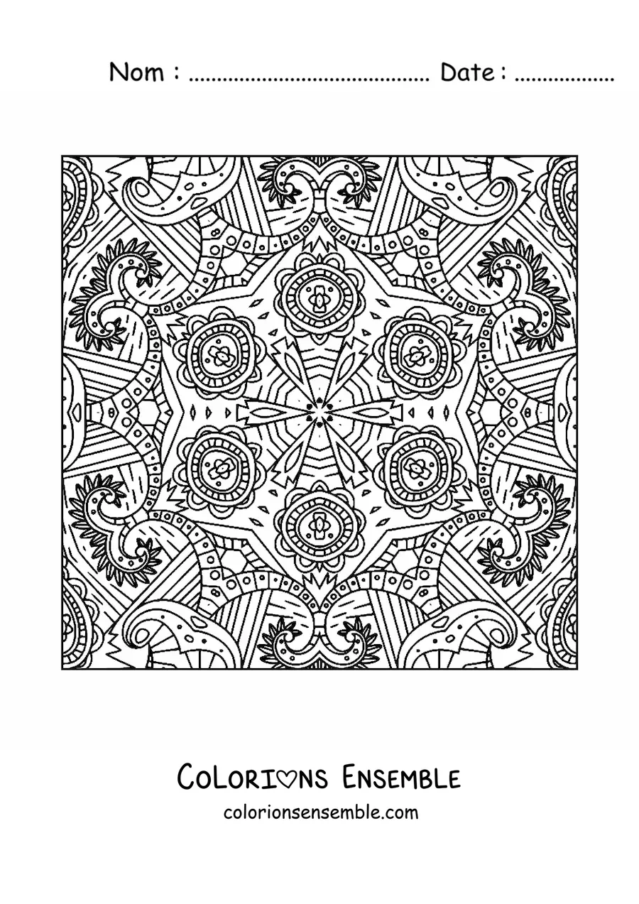 Image à colorier d'un mandala carré dans le style Zentangle