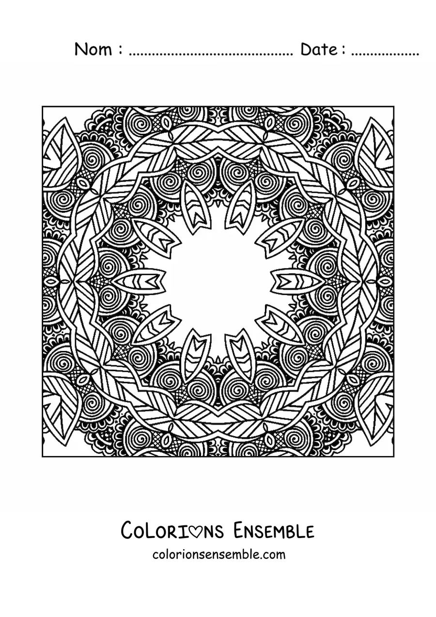 Image à colorier d'un mandala carré dans le style Zentangle