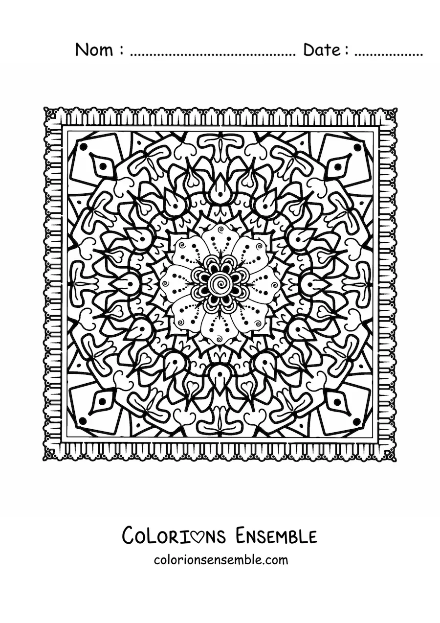 Image à colorier d'un mandala carré difficile