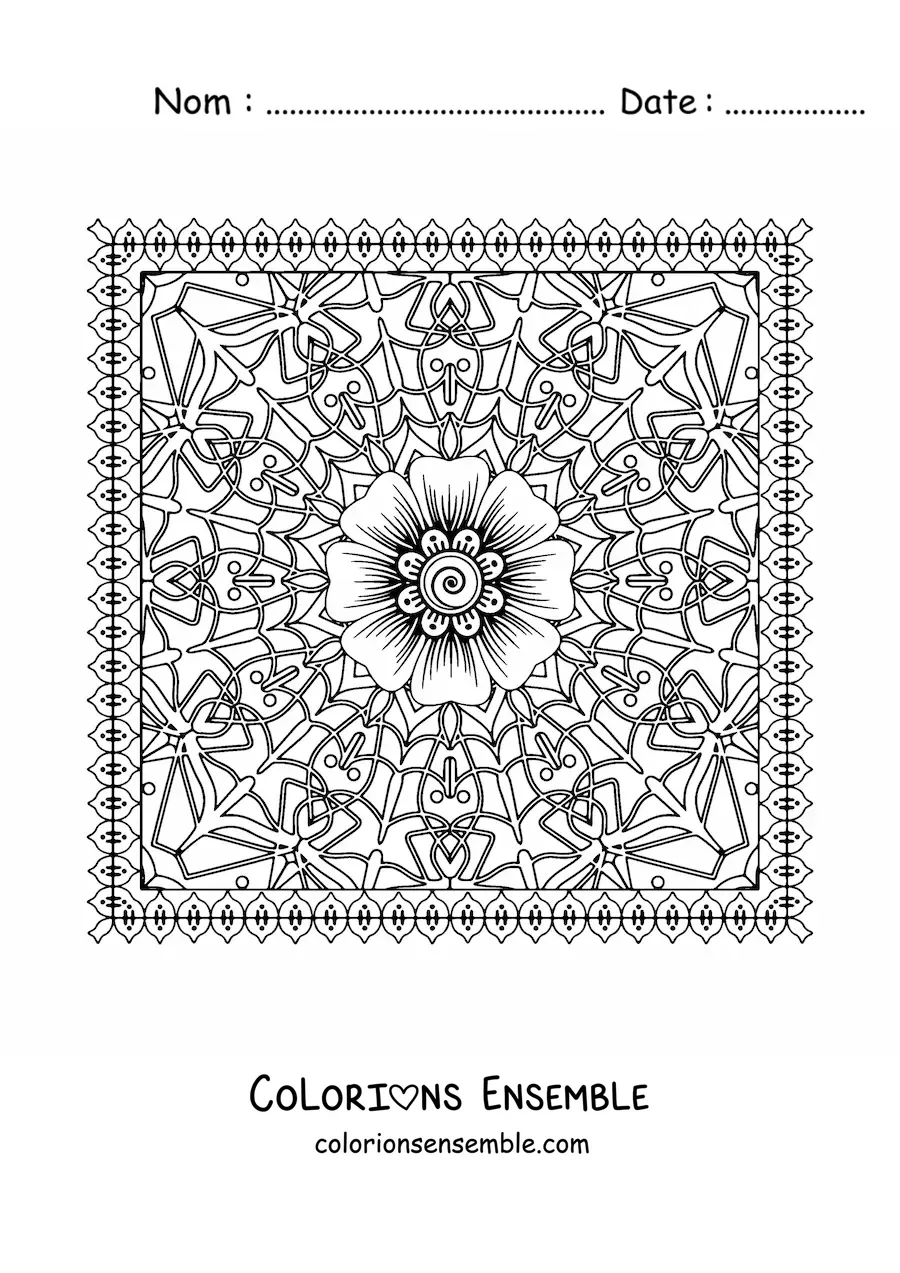 Image à colorier d'un mandala carré floral