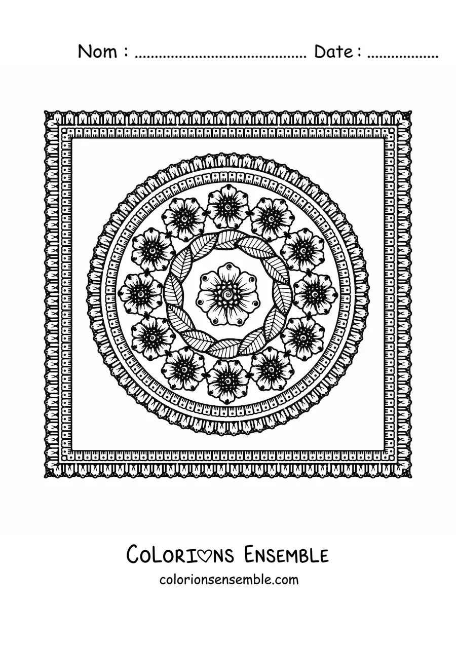 Image à colorier d'un mandala carré floral