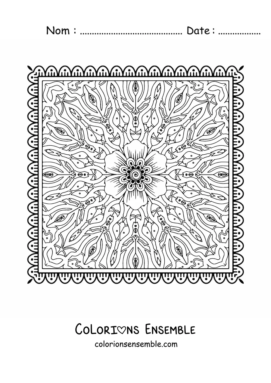 Image à colorier d'un mandala carré floral