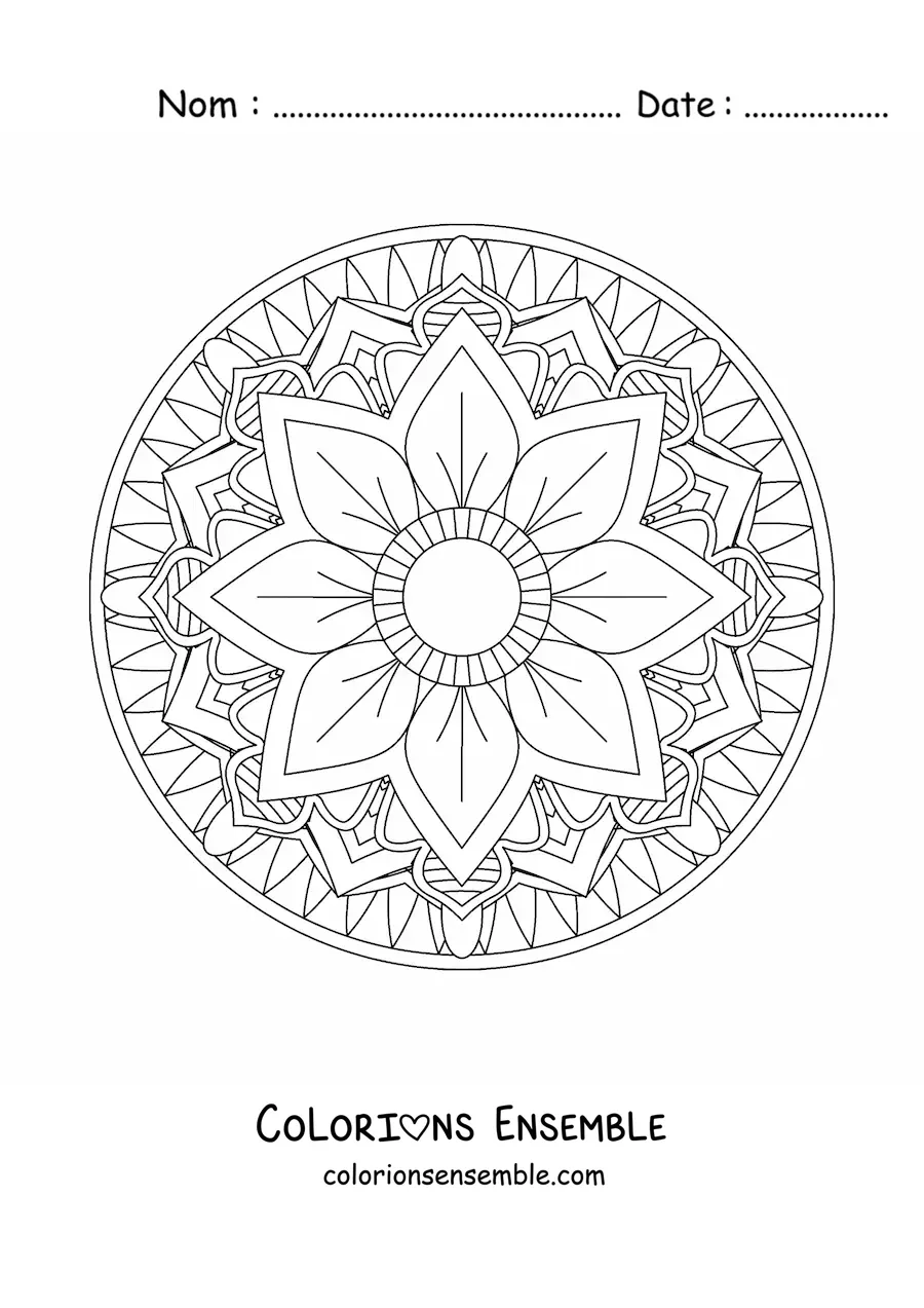 Image à colorier d'un mandala circulaire facile avec une fleur