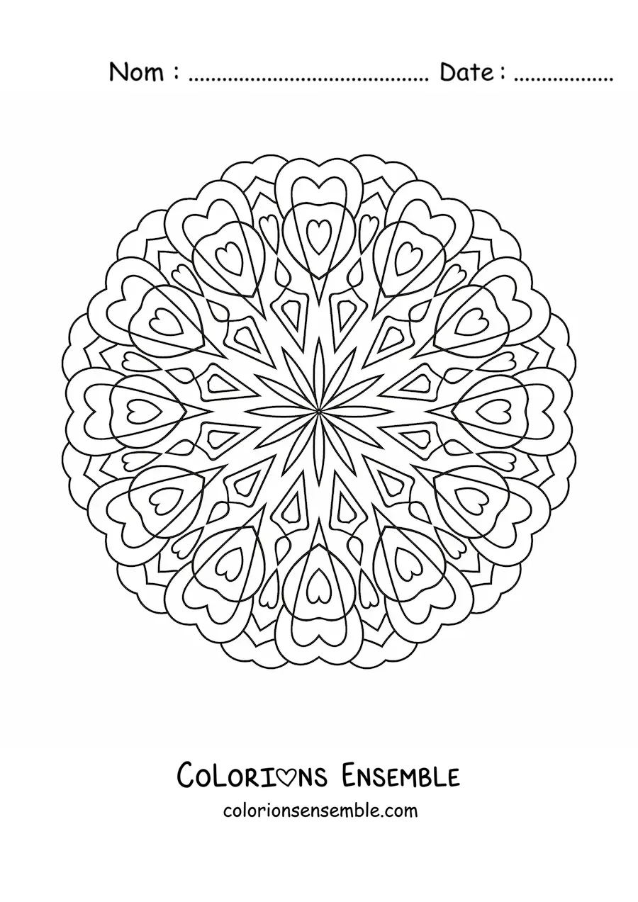 Image à colorier d'un mandala rond facile avec des cœurs