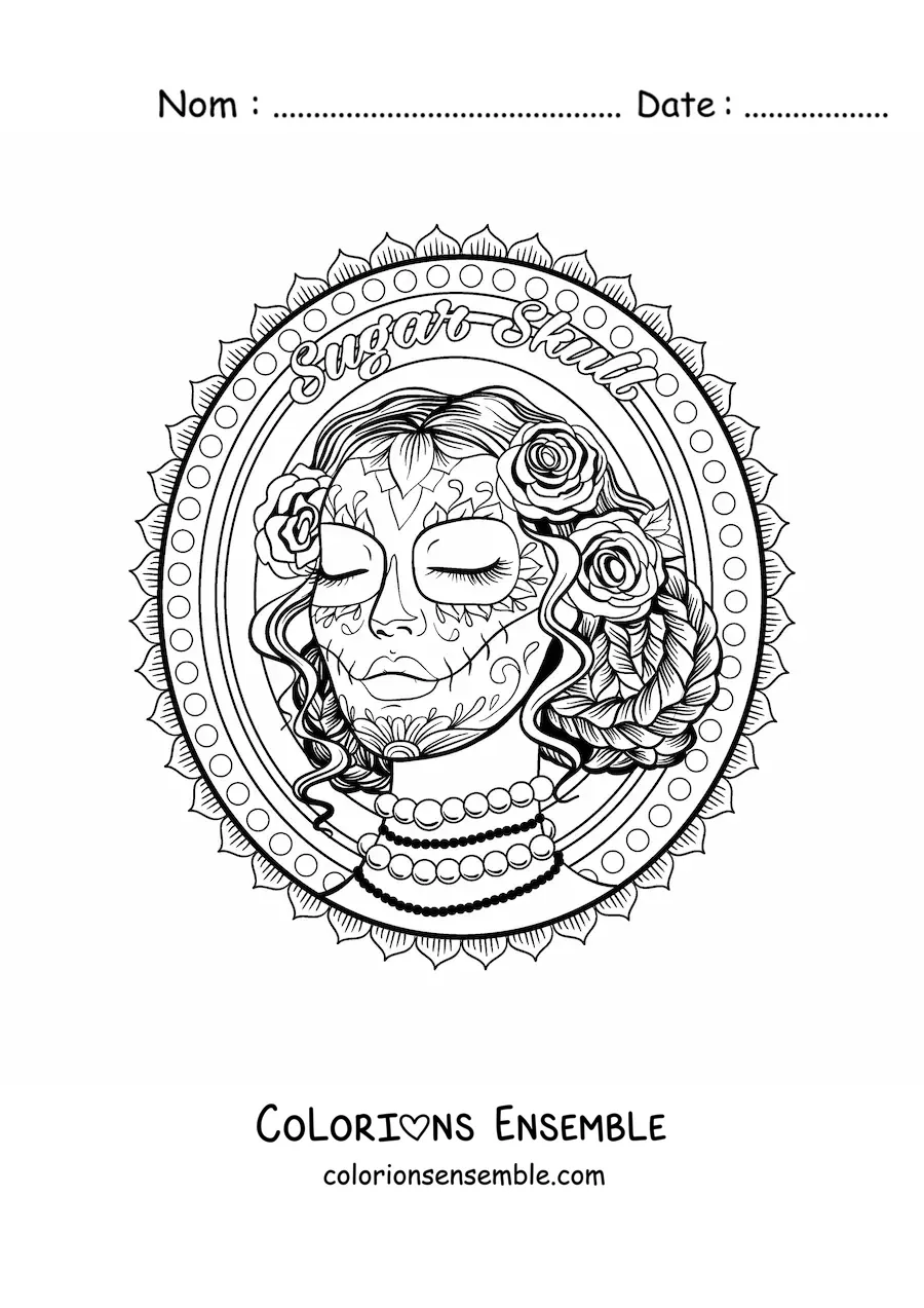 Image à colorier d'une jolie Catrina réaliste sur un fond de mandala