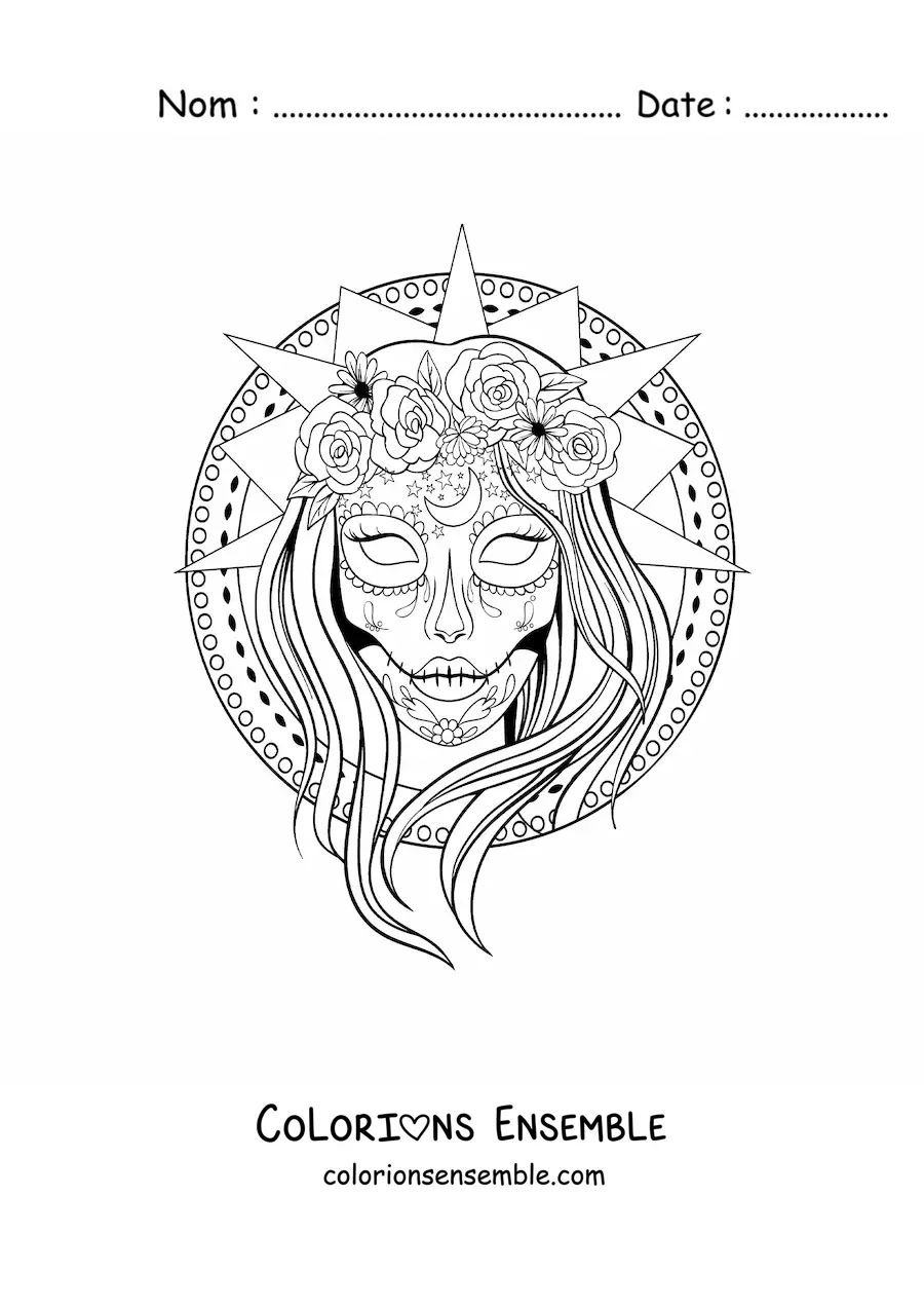 Image à colorier d'une jolie Catrina réaliste sur un fond de mandala