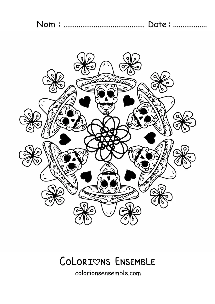 Image à colorier d'un mandala de crânes mexicains