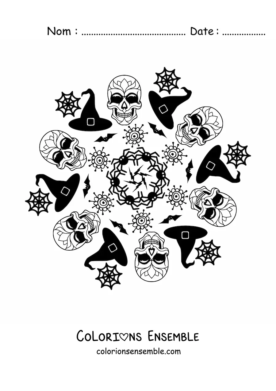 Image à colorier d'un mandala de crânes d'Halloween