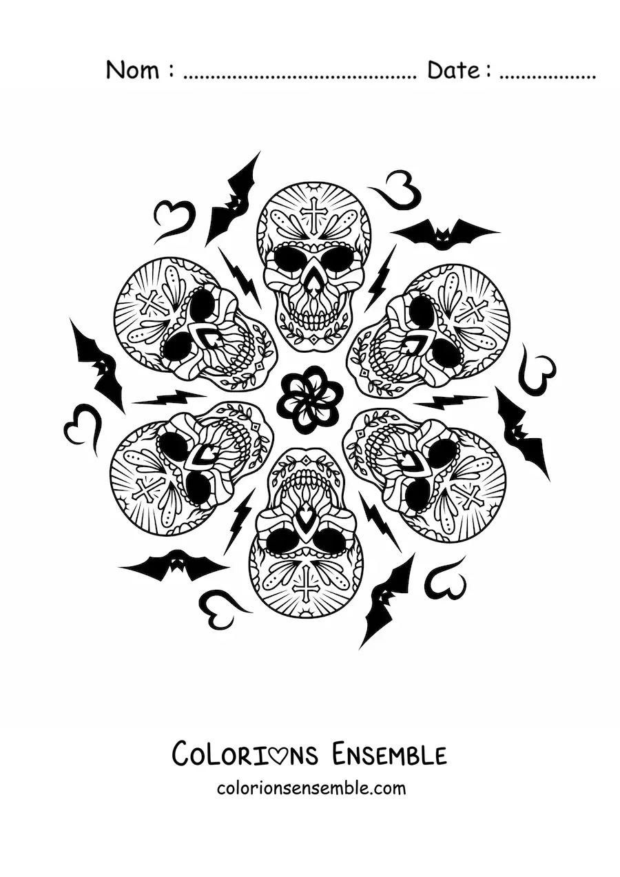 Image à colorier d'un mandala de crânes d'Halloween
