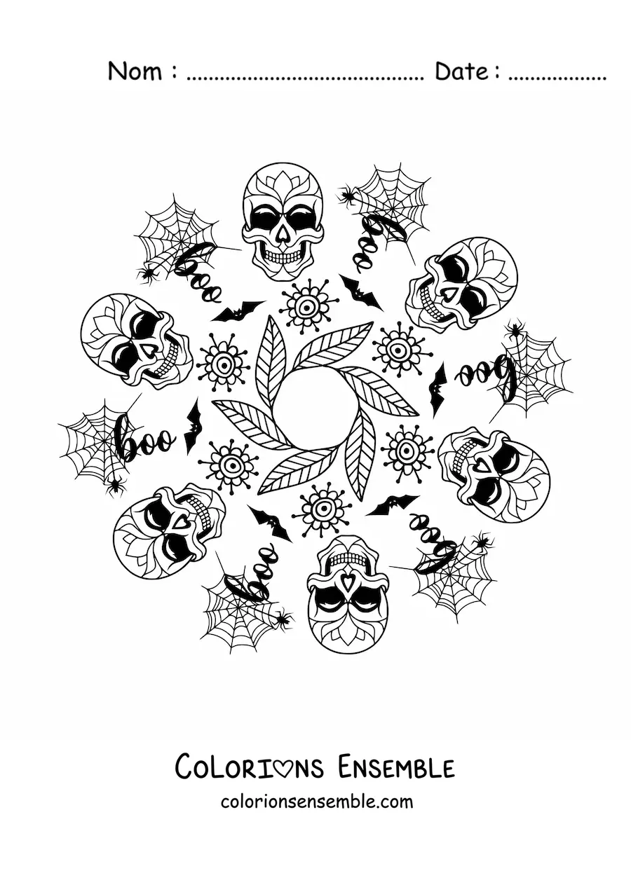Image à colorier d'un mandala de crânes d'Halloween