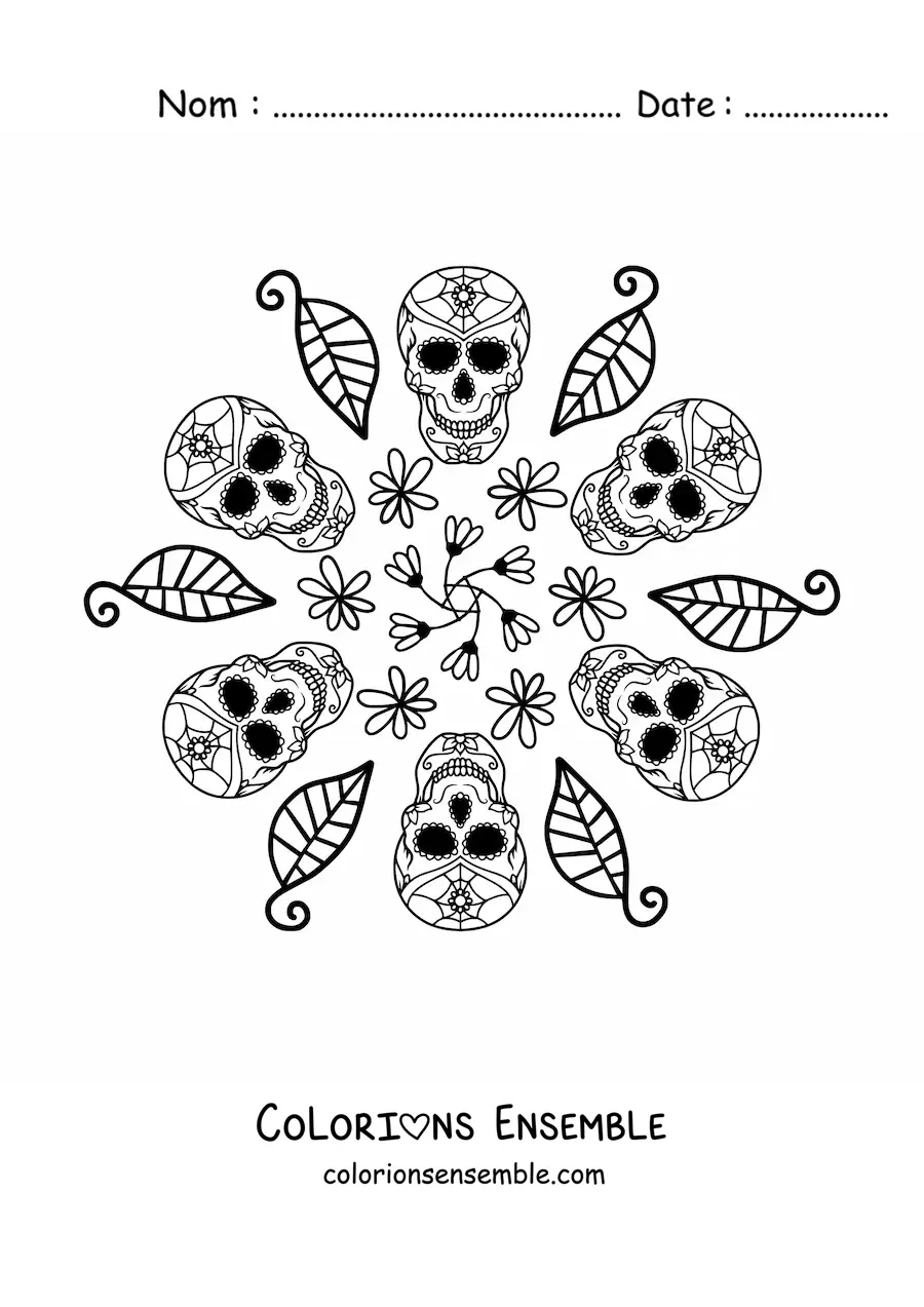 Image à colorier d'un mandala de crânes Catrinas