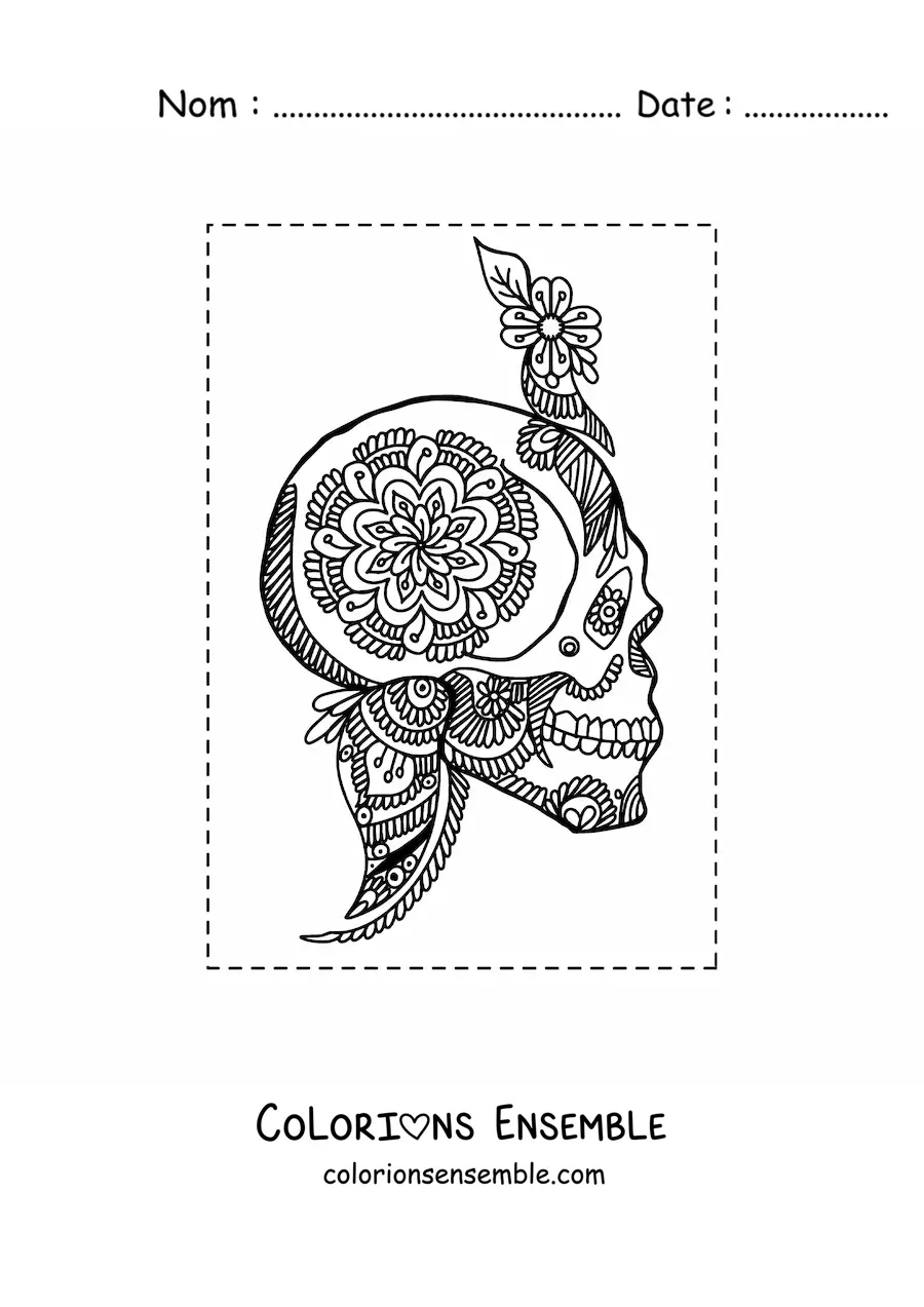 Image à colorier d'un mandala de crâne dans le style Zentangle