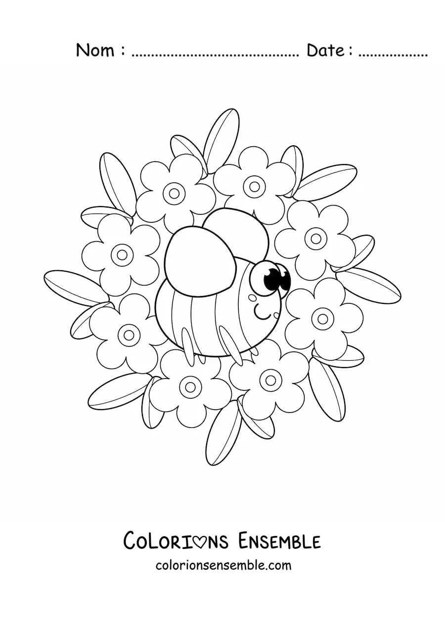 Image à colorier d'un mandala kawaii avec une abeille et des fleurs