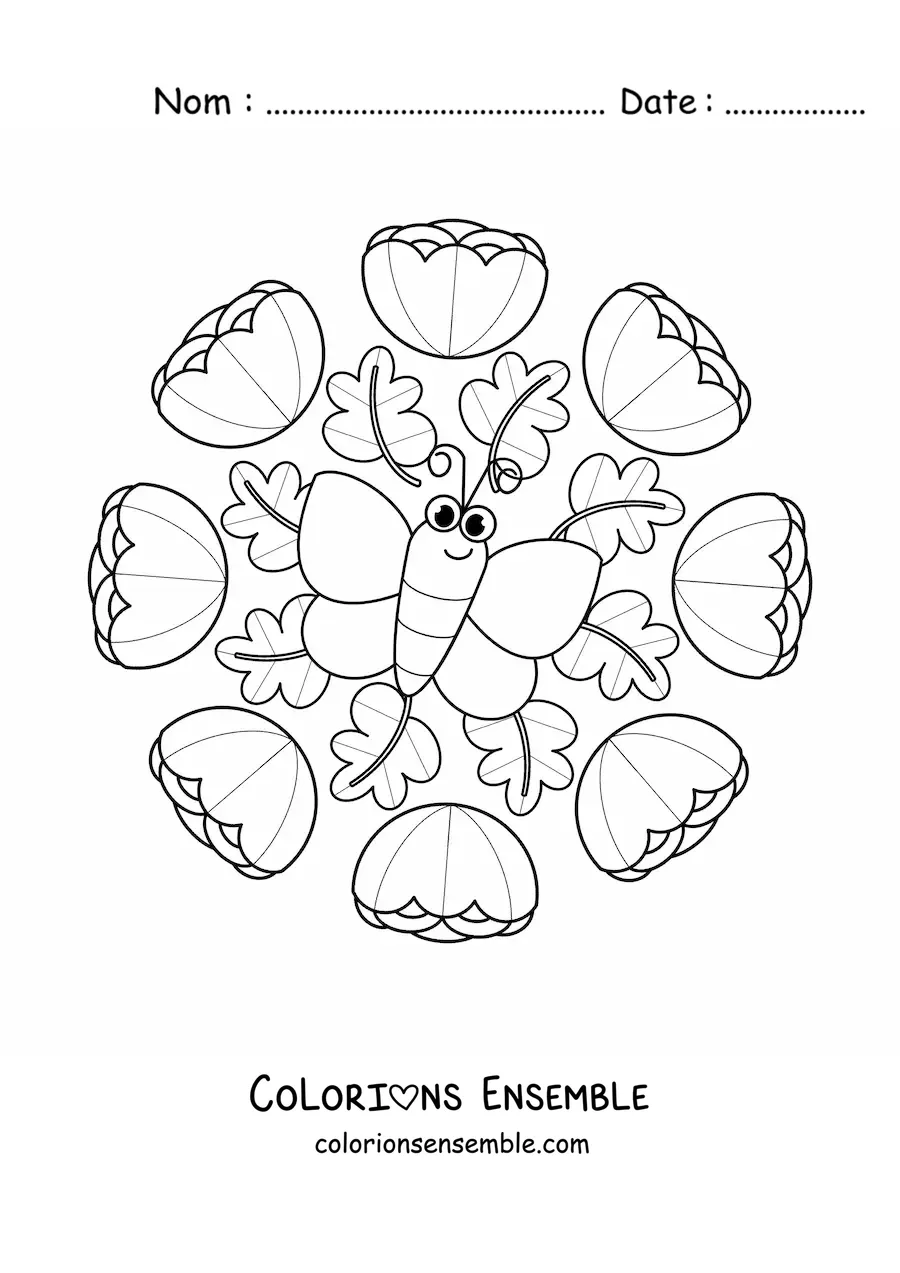 Image à colorier d'un mandala kawaii avec un papillon et des fleurs