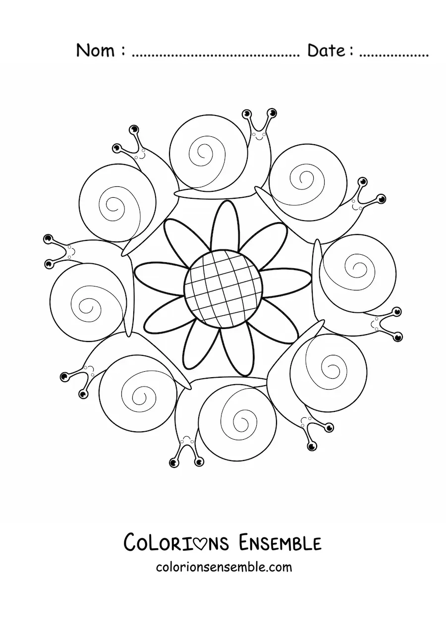 Image à colorier d'un mandala kawaii avec des escargots et une fleur