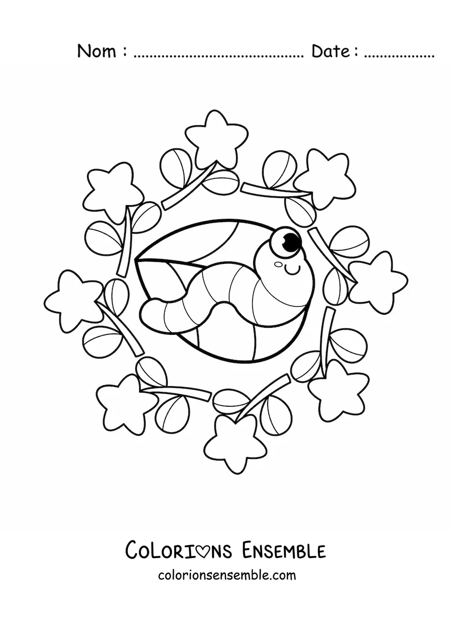 Image à colorier d'un mandala kawaii avec une chenille et des fleurs