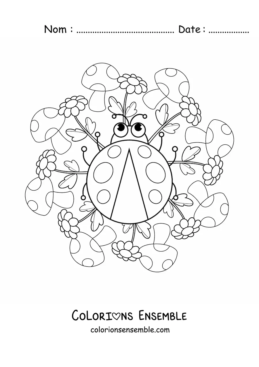 Image à colorier d'un mandala kawaii avec une coccinelle, des champignons et des fleurs
