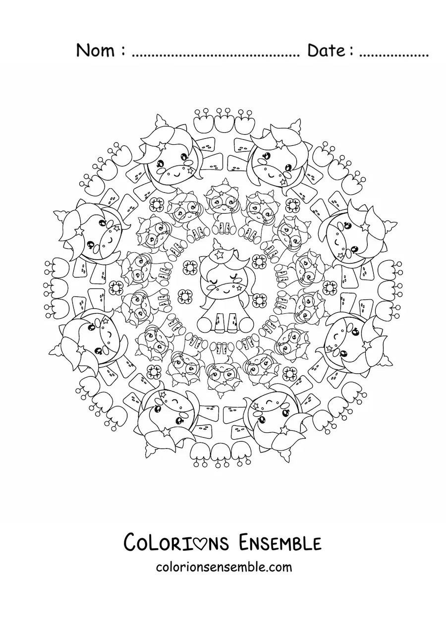 Image à colorier d'un mandala kawaii avec des licornes