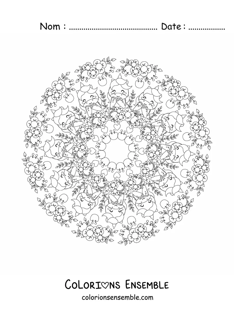 Image à colorier d'un mandala kawaii avec des licornes et des fleurs