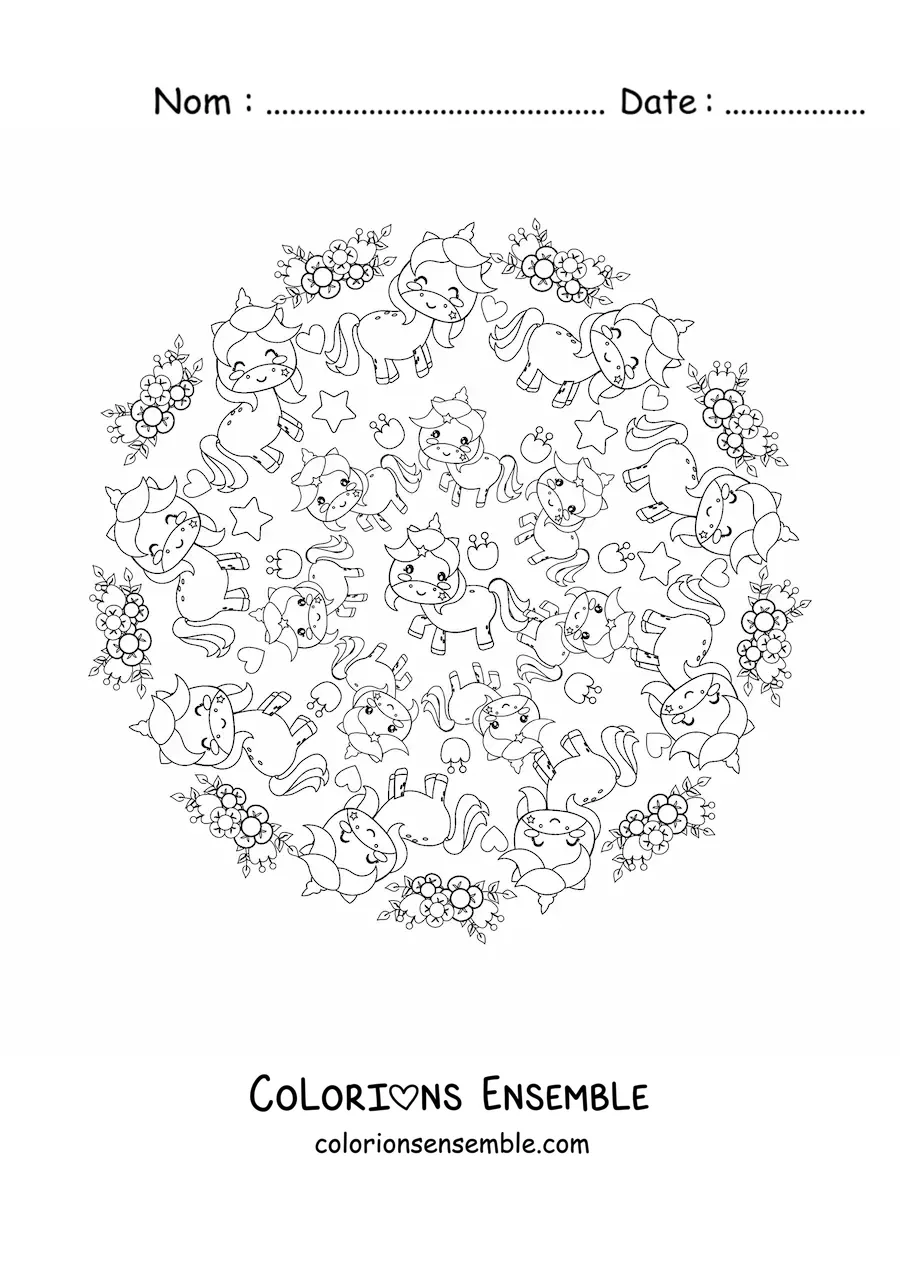 Image à colorier d'un mandala kawaii avec des licornes, des fleurs et des étoiles